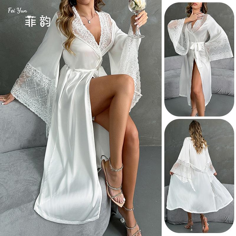 New Satin Morning Robe - Luxury Lace Trimmed Sleepwear with Long Sleeves
